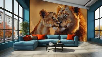 closeup of lion family golden fur detail tender interaction soft savanna lighting intimate wildlife portrait majestic yet gentle mood Wall mural