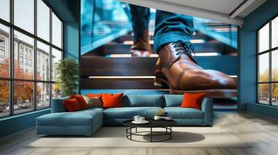 closeup of polished leather shoes ascending modern office stairs dynamic angle captures movement and ambition with sleek architectural lines in background Wall mural