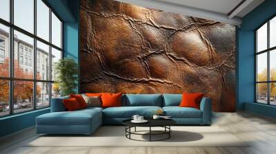 closeup of rich brown leather texture highlighting natural grain patterns scars and variations in color and sheen Wall mural