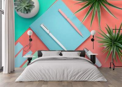 colorful desktop with notebook white pen plant and eraser highlighting key takeaways creative flat lay Wall mural