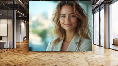 confident businesswoman stands tall in modern office power suit exudes authority warm smile balances approachability city skyline visible through window embodiment of female leadership Wall mural