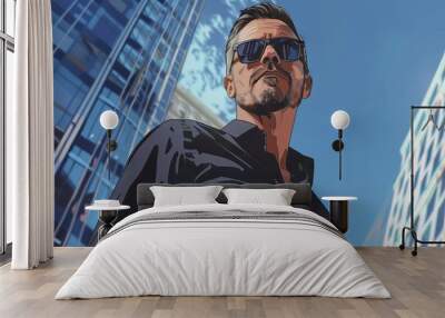 confident man in sleek sunglasses and black shirt navigates urban landscape radiating selfassurance and urban sophistication digital illustration Wall mural