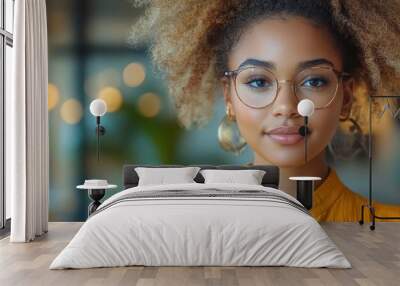 confident mixedrace businesswoman engaging with a digital tablet in a sleek modern office surrounded by contemporary design elements that reflect innovation and professionalism Wall mural