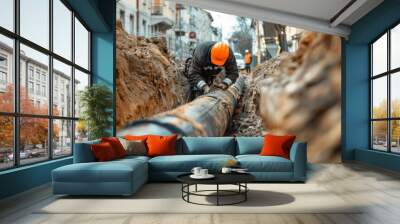 construction worker installing underground utility pipes on city street infrastructure maintenance concept Wall mural