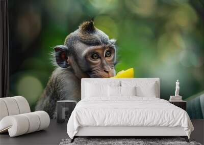 cute monkey enjoying fresh fruit snack wildlife conservation concept animal photography Wall mural