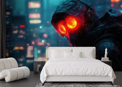 cyberpunk anime boy with glowing red oni mask neonlit futuristic city background dynamic pose Wall mural