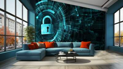 Cybersecurity concept background with digital locks and code encryption, ideal for presentations on internet safety and data protection. Wall mural