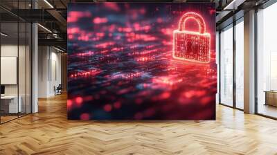 cybersecurity concept glowing neon padlock digital matrix background binary code overlay futuristic ui elements dark tech aesthetic Wall mural