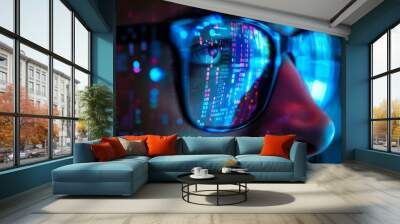 data reflecting on eyeglasses on mans face computer programmer big data and ux designer concept illustration digital art Wall mural