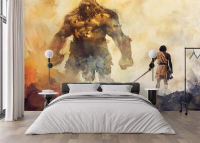 david facing goliath digital watercolor painting of biblical warrior confronting giant religious illustration Wall mural