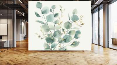 delicate watercolor bouquet featuring eucalyptus leaves and branches accented with elegant golden lines soft greens and metallic highlights create a harmonious botanical composition Wall mural