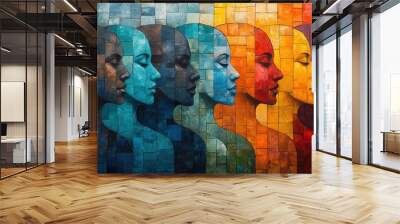 diverse faces mosaic vibrant illustration featuring a multitude of stylized human faces in various hues arranged in a geometric pattern celebrates unity diversity and individuality Wall mural