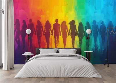 diverse group forming human chain against vibrant rainbow backdrop silhouettes of various body types and hairstyles unity and inclusivity concept Wall mural