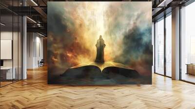 divine light illuminating an open bible with the silhouette of jesus christ guiding the faithful digital art Wall mural