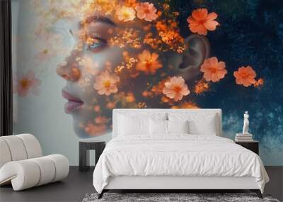 double exposure portrait of woman with flowers blooming from silhouette soft pastel colors representing mental health and inner growth Wall mural