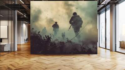 dramatic recreation of a world war ii battle scene soldiers advancing through smoke and debris vintage color palette with desaturated tones Wall mural