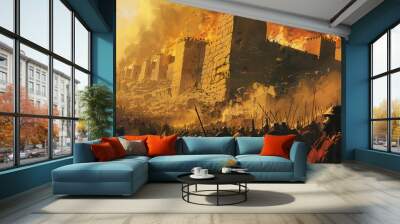 Dramatic vector illustration of the Battle of Jericho, walls collapsing as Israelites march Wall mural