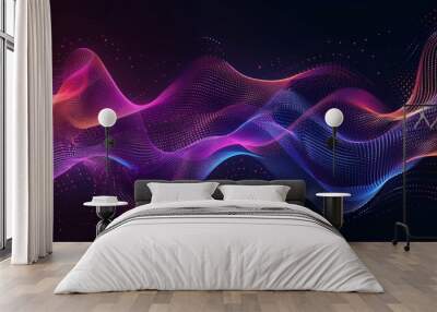 Dynamic abstract particle wave background with flowing lines and neon colors Wall mural