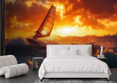 dynamic windsurfer riding ocean waves at sunset silhouette against orange sky water droplets catching golden light action shot capturing sense of speed freedom and adventure Wall mural