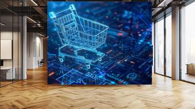 E-commerce and online shopping background with digital carts and payment gateways, suitable for presentations on digital marketplaces and retail innovation. Wall mural