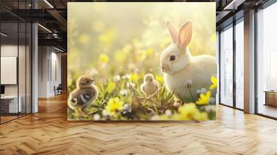 Easter bunny with a chick in a spring field. Wall mural