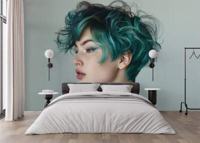 edgy pixie cut with vibrant teal ombre effect styled in tousled waves studio shot with dramatic sidelighting to emphasize texture and color Wall mural