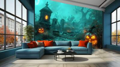 eerie halloween cemetery with glowing jackolanterns and ghostly apparitions spooky digital art Wall mural