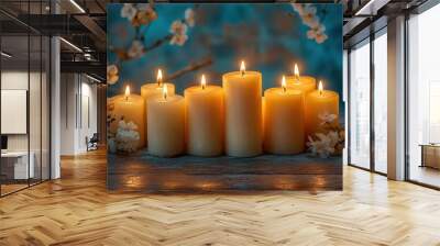 elegant arrangement of lit candles on rustic wooden surface warm glow creates intimate atmosphere against neutral backdrop Wall mural