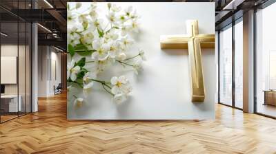 elegant gold christianity cross adorned with pure white flowers symbol of faith and purity religious still life with copy space Wall mural