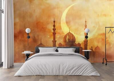 elegant ramadan crescent moon and mosque silhouette in golden hues and pastel colors festive celebra Wall mural