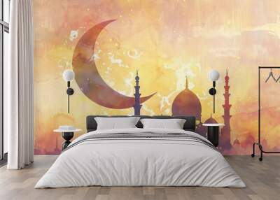 elegant ramadan crescent moon and mosque silhouette in golden hues and pastel colors festive celebra Wall mural