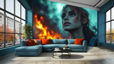 emotional portrait of a young woman witnessing a burning building illuminated by flames against a dark sky intense colors and dramatic lighting capture the shock and devastation of the moment Wall mural