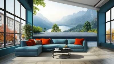 empty black concrete tabletop set against a majestic backdrop of mountains and a clear sky providing a striking presentation space for outdoor product displays amidst natures beauty Wall mural