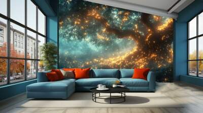 enchanted emerald forest with bioluminescent mushrooms misty atmosphere and fairy lights dreamy backdrop of ancient trees magical creatures and shimmering particles in the air Wall mural