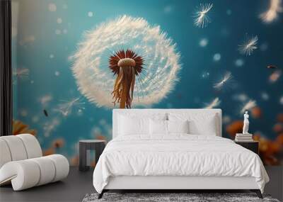 ethereal dandelion seeds carried by wind against a dreamy blue sky symbolizing hope and new beginnings Wall mural