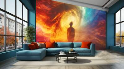 ethereal human silhouette radiating vibrant energy field swirling colors representing electromagnetic frequencies holistic wellness concept spiritual aura visualization Wall mural