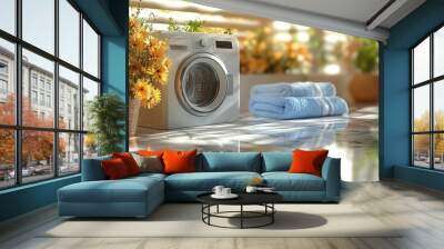 ethereal laundry room scene with soft focus effect modern washing machine as focal point marble countertop reflects gentle light dreamy domestic atmosphere with hint of technology Wall mural