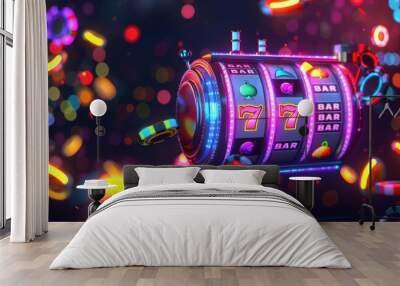 exciting casino background with colorful slot machines and neon lights digital illustration Wall mural