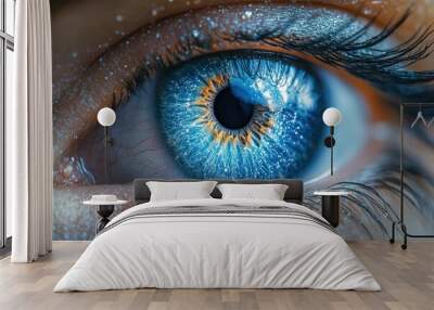 extreme closeup of human iris intricate patterns and vivid blue hues reflection of light in pupil hyperrealistic detail Wall mural