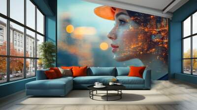 female engineer in a hard hat superimposed over a city skyline symbolizing innovation and progress in urban planning and development Wall mural