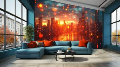 floating virtual trading graphs above a skyline filled with blurred skyscrapers symbolizing economic growth the intertwining visuals of finance and urban life create a modern dynamic atmosphere Wall mural