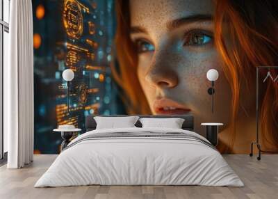 focused female programmer engaged in coding utilizing advanced holographic displays of ai algorithms set against a sleek techdriven environment with digital security elements Wall mural