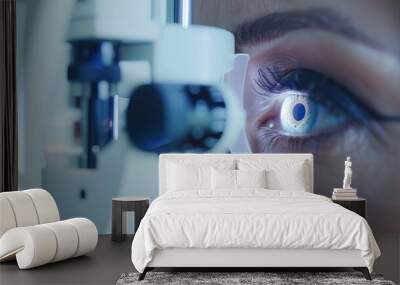 focused vision patient undergoing modern eye exam for cataract awareness month ophthalmology concept Wall mural