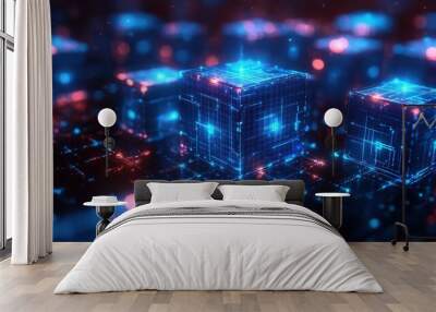 futuristic 3d rendering of interlocking neon blue cubes forming complex geometric encryption grid against dark background Wall mural