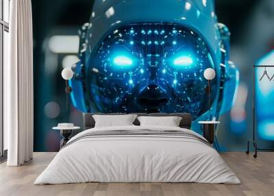 Futuristic artificial intelligence robot head with glowing blue circuit board brain, 3D illustration Wall mural