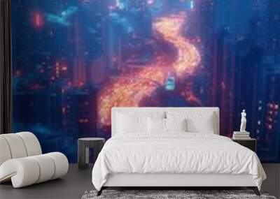 futuristic cityscape at night glowing highway interchange aerial view of urban innovation Wall mural