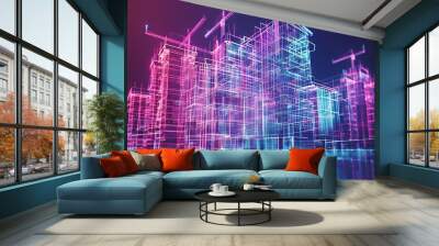 futuristic digital building construction model with glowing wireframe 3d illustration Wall mural