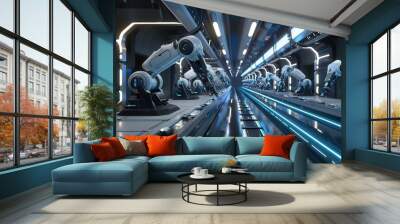 futuristic factory interior with advanced robotic arms and conveyor systems sleek design and cool blue lighting emphasize automated efficiency Wall mural