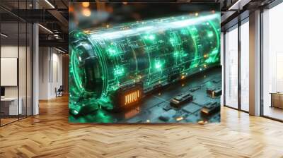 futuristic green neon battery visualization glowing energy streams within transparent casing hightech aesthetic with circuit board elements Wall mural