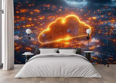 futuristic hologram interface with floating cloud icon glowing digital code and ethereal bluegold light streams Wall mural